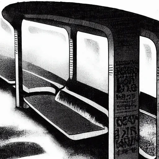 Image similar to dark city bus stop, by junji ito,black and white, very detailed, ArtStation