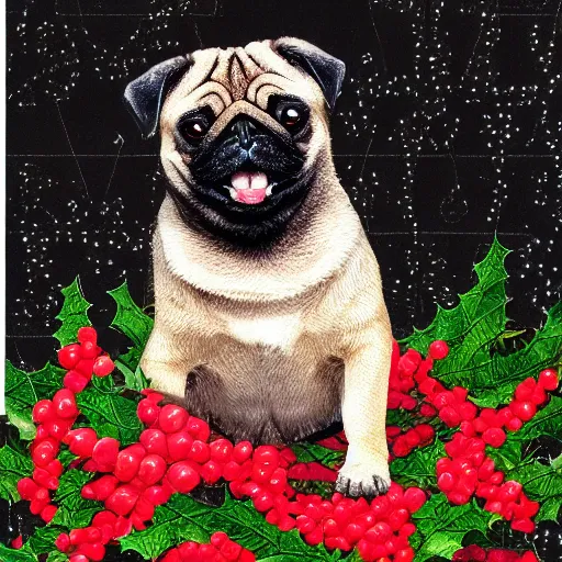 Image similar to christmas card, pug black infront of leg, high beauty vine, artstation, ample lighting, flower mosaic, dna, intense fantasy