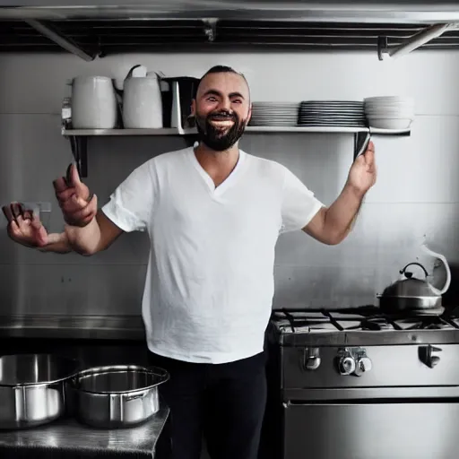 Prompt: man with 6 arms, each arm in a stainless steel pot, in a kitchen, smiling at the camera, photo
