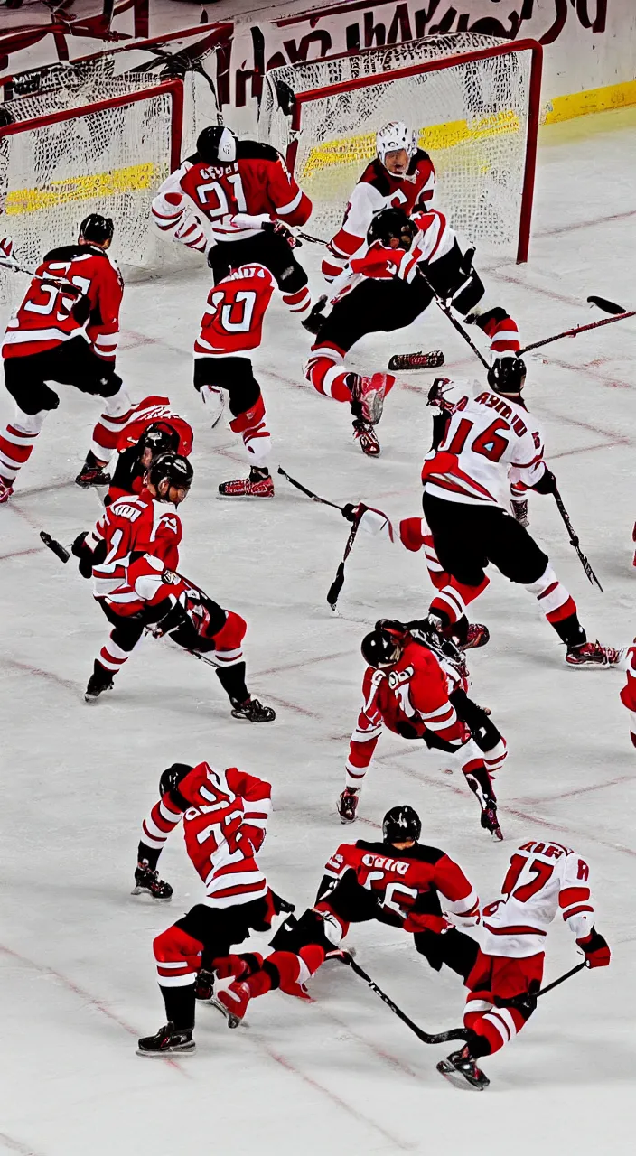 Image similar to 3 5 mm photograph of the new jersey devils hockey team scoring goals, realistic, highly detailed, color