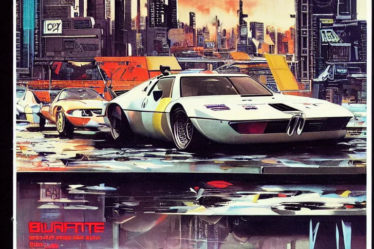 Image similar to 1969 Popular Science Magazine Cover BMW M1 Stratos, city in cyberpunk style by Vincent Di Fate