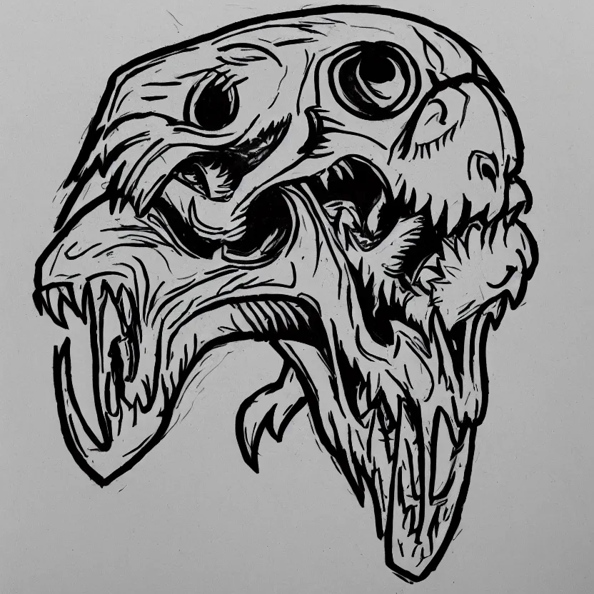 Image similar to rough sketch of a hockey player w a velociraptor skull head sports logo, black and white, pen drawing