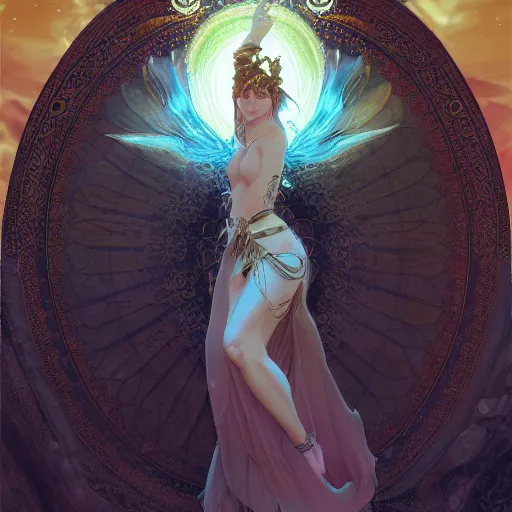 Prompt: a goddess dancing in the desert, glowing eyes, fantasy, intricate and very beautiful and elegant, highly detailed, digital painting, artstation, concept art, smooth and sharp focus, illustration, art by tan zi and ayanamikodon and alphonse mucha and wlop