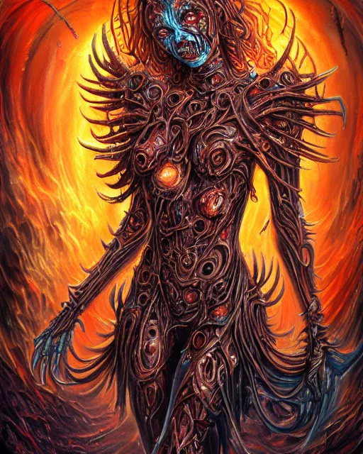 Image similar to mechanical charred bloody fleshmetal cyborg daemonhost woman psychedelic flamer of tzeentch, by antonio j. manzanedo, alex grey, android jones, wayne barlowe, philippe druillet, raymond swanland, cyril rolando, josephine wall, harumi hironaka, cronenburg, trending on artstation