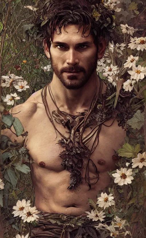 Image similar to god of the forest, 3 0 years old, rugged, handsome, male, detailed face, clean lines, atmospheric lighting, amazing, full body, thighs, flowers, muscular, intricate, highly detailed, digital painting, deviantart, concept art, sharp focus, illustration, art by greg rutkowski and alphonse mucha