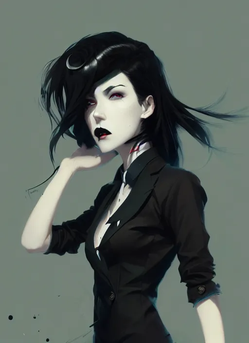 Image similar to ultradetailed beautiful panting of a stylish goth woman wearing a shirt with a tie, dramatic, she has black hair, distressed, by greg rutkowski, james jean, makoto shinkai, ilya kuvshinov, on artstation