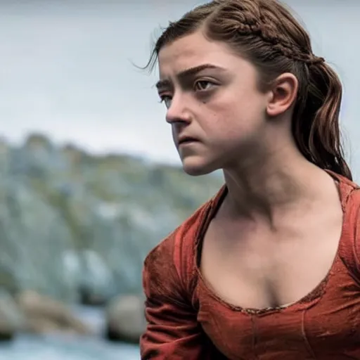 Image similar to muscular young arya stark showing her abs, glisten, high resolution, hard light, vogue photoshoot