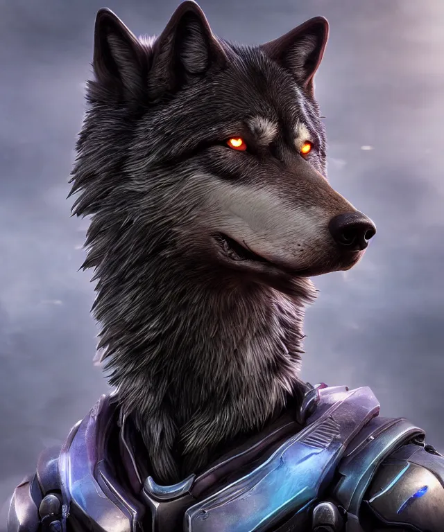 Prompt: portrait headshot of a male anthropomorphic dark gray wolf, long red hair, blue eyes, in a futuristic city, hyper detailed, digital art, trending in artstation, cinematic lighting, studio quality, smooth render, unreal engine 5 rendered, octane rendered, art style by pixar dreamworks warner bros disney riot games and overwatch.