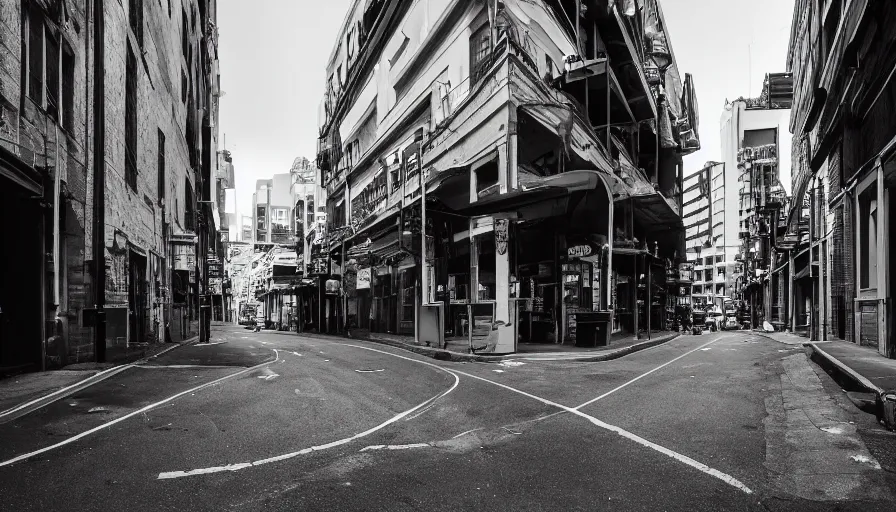 Prompt: old inner city sydney city, australia. black and white photography. dark energy 8 k