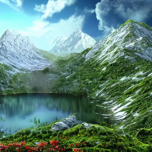 Prompt: photorealistic fantasy digital art depicting a very - distant aerial view of : at the peak of the world's tallest mountain is a small pond. a waterfall is falling from the pond down to the base of the mountain into a lake. the waterfall is unbelievably tall, and the mountain is extremely steep and narrow. there is a city surrounding the lake.