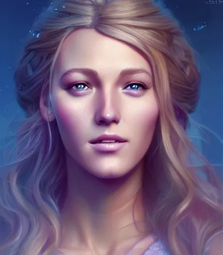 Image similar to beautiful portrait of a goddess who looks like Blake Lively , character design by charlie bowater, ross tran, artgerm, and makoto shinkai, detailed, soft lighting, rendered in octane