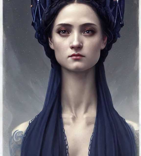 Prompt: god of death, in the underworld, elegant dark blue dress, very detailed, throne, very intricate details, jewelry, delicate tattoos, elaborate long hairstyle, cinematic, artstation, william bouguereau, greg rutkowski, rossdraws, octane render