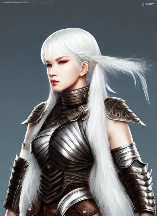 Image similar to warrior, fur leather armor!!! beautiful and elegant white hair female!! gorgeous ayes!! character concept art, sharp focus, octane render! unreal engine 5! highly rendered!! trending on artstation!! detailed linework!! illustration by artgerm, wlop, and chie yoshii