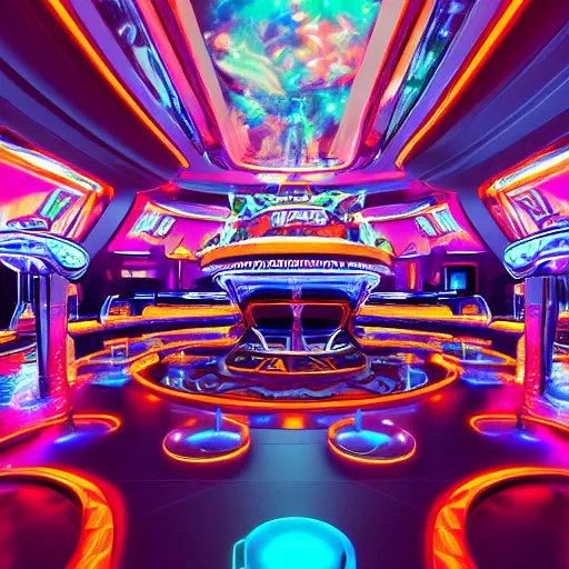 Prompt: futuristic casino, crisp, artistic, artstation, luxury, las vegas, beautiful, large, neon