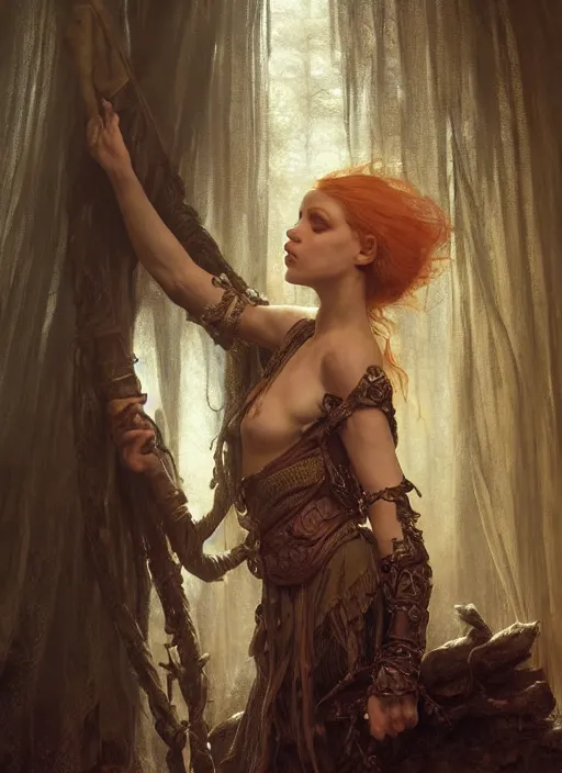 Image similar to inside covens den, diffuse lighting, fantasy epic, hdrp smoke, intricate facial detailing, highly detailed, lifelike, photorealistic, digital painting, artstation, unreal 5, concept art, smooth, sharp focus, art by john collier and albert aublet and krenz cushart and artem demura and alphonse mucha