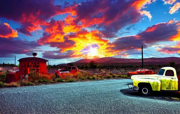 Image similar to A beautiful colorful evening scene of route66, old road with abandoned gas station and rusty old pickup truck, hyper realistic, blinding backlight evening sun, sparkling sun rays, epic scene, intense setting, evening vibe