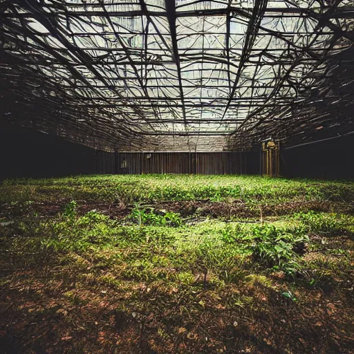 Image similar to forest growing inside of a warehouse, professional photography