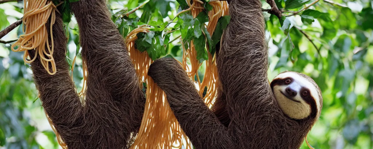 Image similar to a sloth eating spaghetti off a tree, in the style of national geographic, canon 5 0 mm, kodachrome, retro