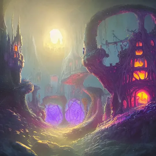 Image similar to concept art detailed painting of a dark purple fantasy fairytale fungal town made of mushrooms, with glowing blue lights, in the style of jordan grimmer and neil blevins and wayne barlowe