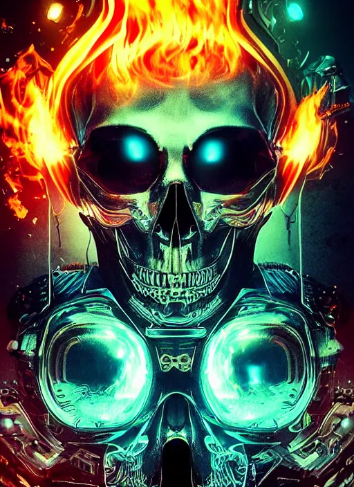 Image similar to a futuristic skull with glowing eyes and a flame fire background, cyberpunk art by android jones, behance contest winner, computer art, darksynth, synthwave, rendered in cinema 4 d