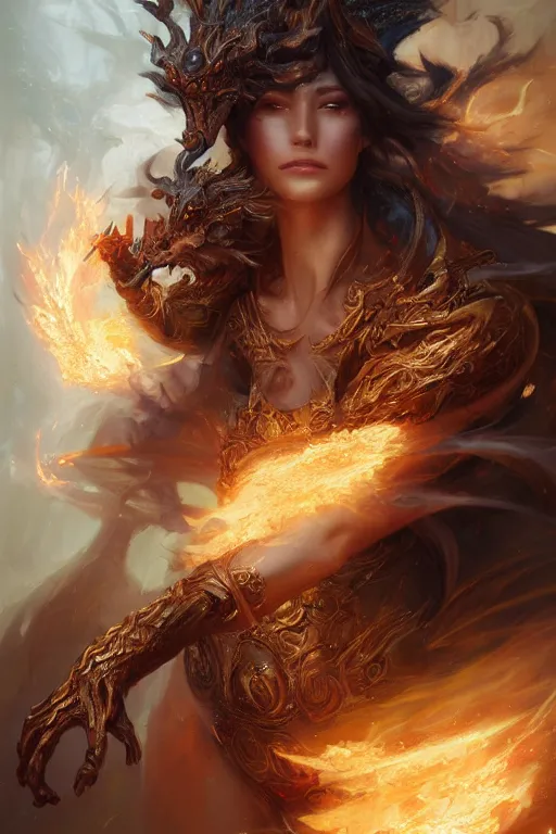 Image similar to beautiful girl sorcerer transforming into fire and golden dragon skin, casting magic spell, angel, fantasy, magic the gathering, hyper detailed, 3 d render, hyper realistic detailed portrait, peter mohrbacher, wlop, ruan jia, luis royo