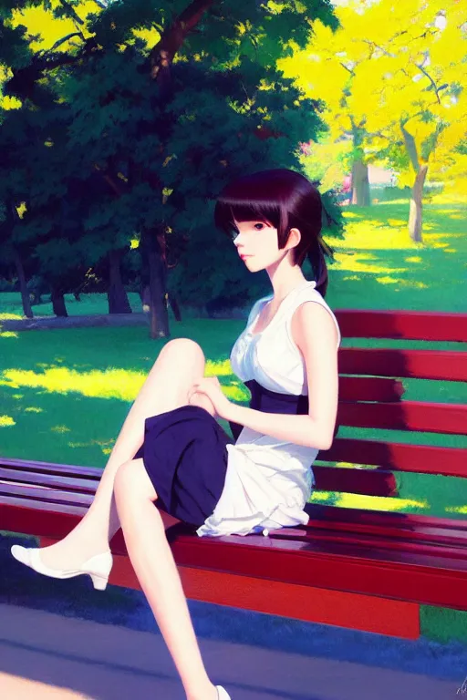 Image similar to A ultradetailed beautiful panting of a stylish girl siting on a park bench, bright sunny day, Oil painting, by Ilya Kuvshinov, Greg Rutkowski and Makoto Shinkai