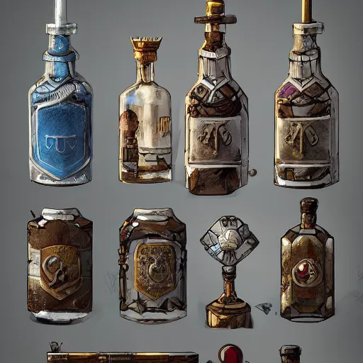 Image similar to concept art; video game potions; intricate elegant bottles; trending on artstation; rpg; octane