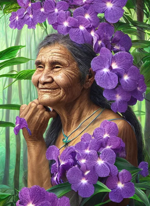 Prompt: a beautiful portrait of a smiling indigenous old woman healer with white long hair in the amazon jungle surrounded by purple flowers of brunfelsia grandiflora, purple face paintings, matte painting, by christophe vacher