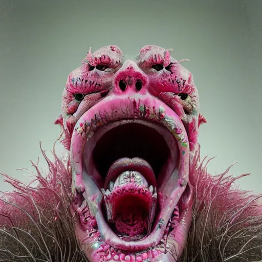 Image similar to pink scream by takashi murakami and zdzisław beksiński, 3d render, octane render, intricately detailed artwork, full 8k high quality resolution, recently just found unknown masterpiece