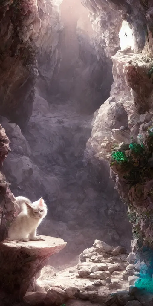 Prompt: white fluffy cat on a throne inside of slot canyons, colorful, behance contest winner, vanitas, angular, altermodern, unreal engine 5 highly rendered, global illumination, radiant light, detailed and intricate environment