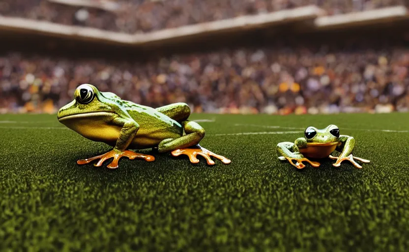 Prompt: formal frog sports mascots quiddich game, highly detailed, extremely high quality, hd, 4 k, 8 k, professional photographer, 4 0 mp, lifelike, top - rated, award winning, cinematic, realistic, detailed lighting, detailed shadows, sharp, no blur, edited, corrected, trending