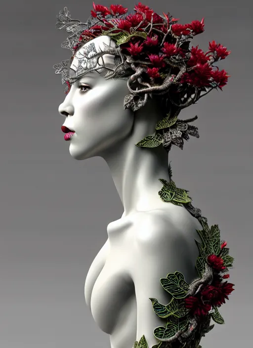 Image similar to complex 3d render ultra detailed of a beautiful porcelain profile woman face, mechanical vegetal cyborg, 150 mm, beautiful natural soft light, rim light, Alexander Mcqueen haute couture, silver gold details, surreal portrait, magnolia big leaves and stems, roots, fine foliage lace, mesh wire, intricate details, hyperrealistic, mandelbrot fractal, anatomical, red lips, silver metal armor, facial muscles, cable wires, microchip, elegant, white background, octane render, H.R. Giger style, 8k