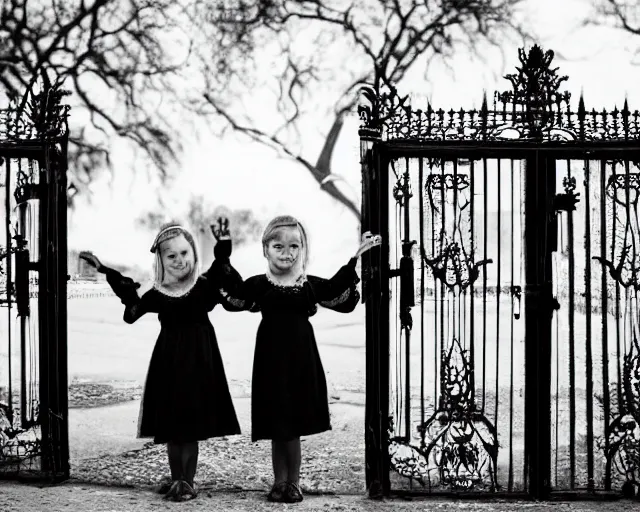 Prompt: black and white photo of Spooky Twin girls standing in front of a Victorian wrought iron gate at sunset