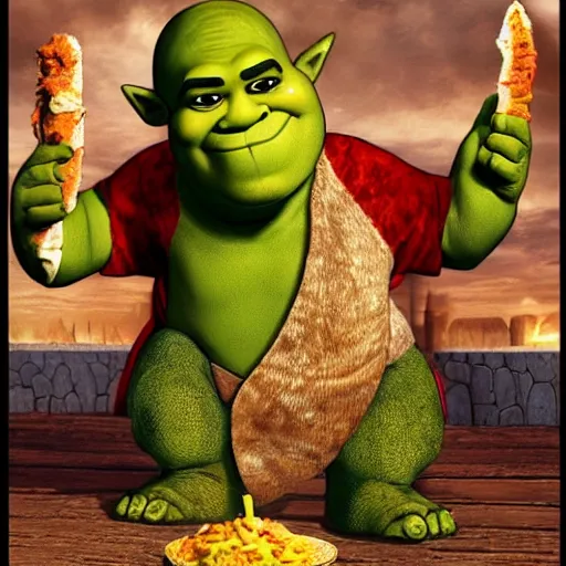 Image similar to biblically accurate Shrek in a kebab