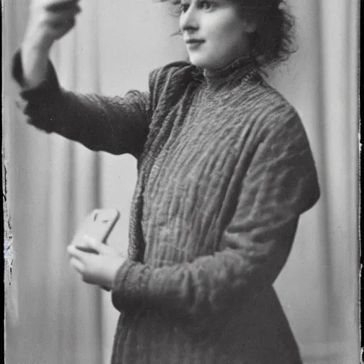 Image similar to woman, full length portrait do selfie with iphone, photo, 1 9 1 0