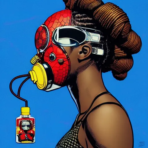 Image similar to a profile photo of a african woman with a diving oxygen mask with side profile blood in ocean intricate details by MARVEL comics and Sandra Chevrier-C