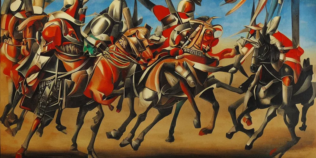 Image similar to italian futurism styled painting of a medieval knight cavalry charge