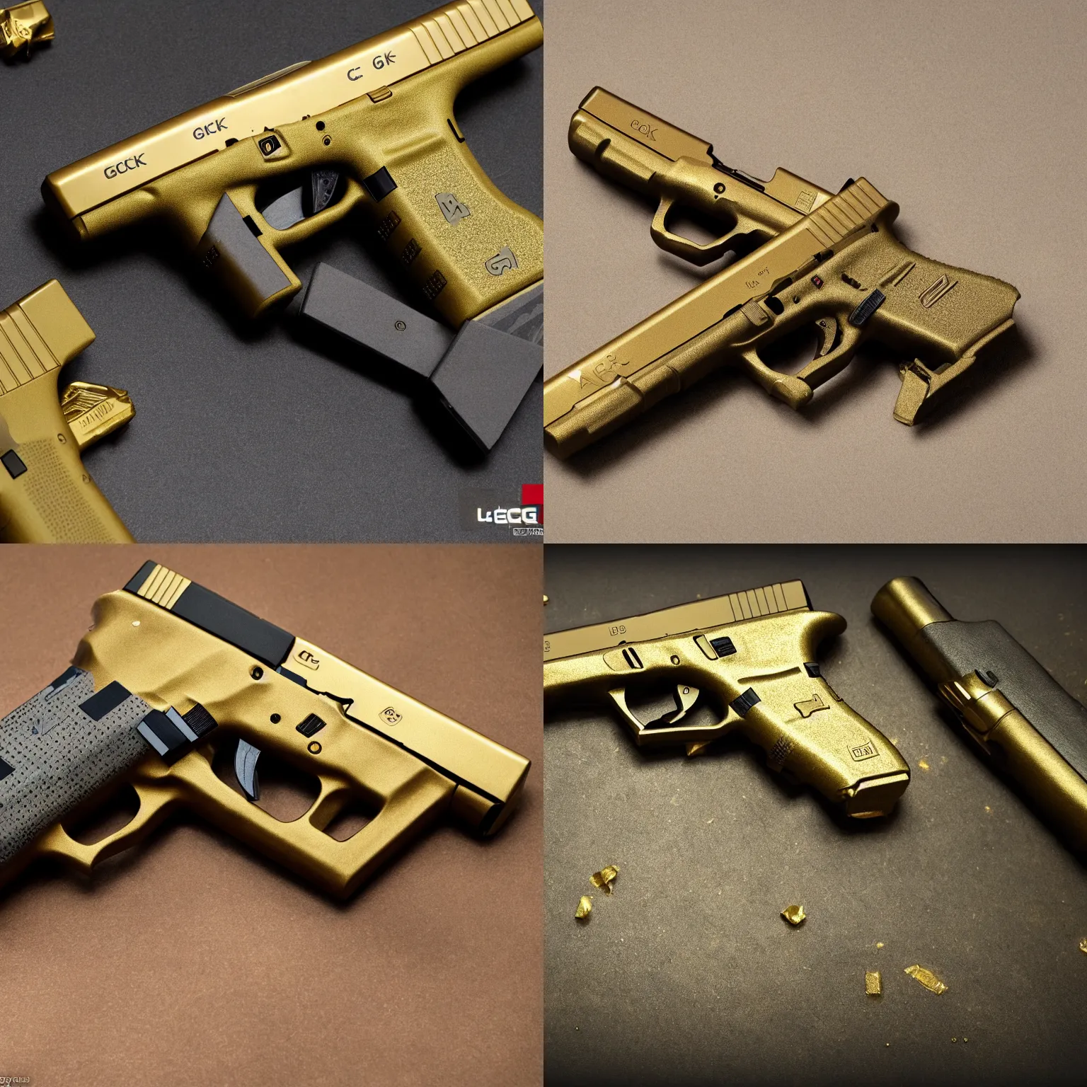 Prompt: a glock 19 made out of gold, photorealistic, 4k, vintage