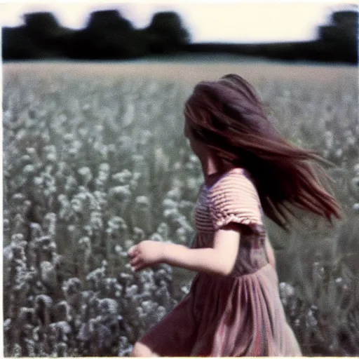 Prompt: kodachrome photo of a girl running through a field, in a dress, vintage, faded image, color bleed, grainy, motion blur, 1960s, 1950s