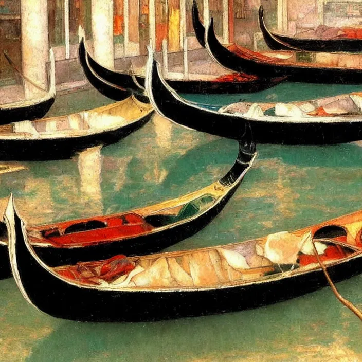 Image similar to venetian gondolas in the style of vrubel, pastel colors, chiaroscuro, bleached colors, cold shades, perfect beautiful, palette knife