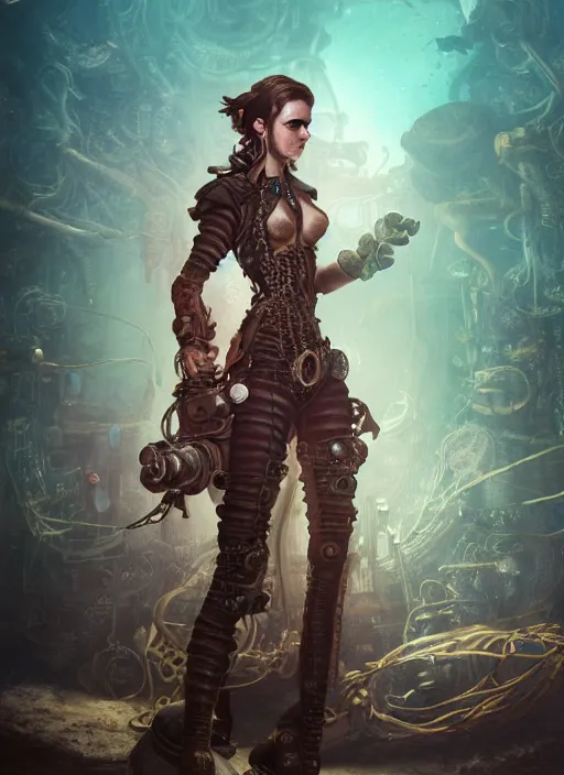 Image similar to underwater steampunk pirate biopunk portrait of emma watson, hyper detailed, digital art, cinematic lighting, studio quality, smooth render, unreal engine 5, octane rendered, art style by klimt and nixeu and ian sprigger and wlop and krenz cushart.