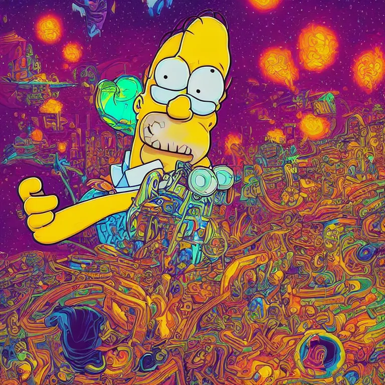 Image similar to A psychedelic painting of Homer Simpson breaking the simulation, digital art by Dan Mumford and Peter Mohrbacher, highly detailed