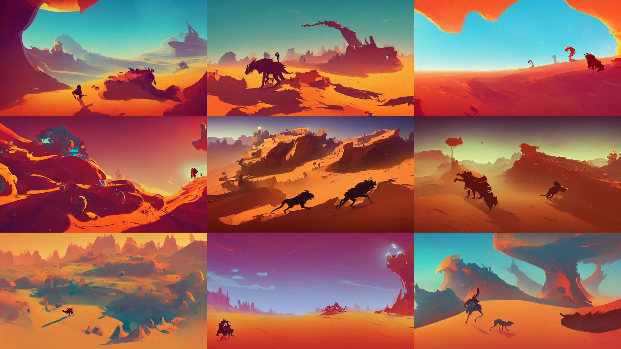 Prompt: beast running across the open desert, empty desert, sand, karst landscape, wide shot, concept art by anton fadeev