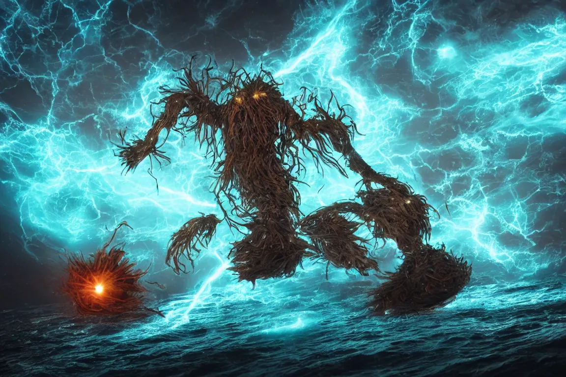 Image similar to colossal shaman god destroying very living thing in the ocean, made of lasers, cast across the night sky, 8 k, ultra realistic, lens flare, atmosphere, glow, detailed, intricate, full of colour, cinematic lighting, trending on artstation, 4 k, hyperrealistic, focused, extreme details, unreal engine 5, cinematic, masterpiece