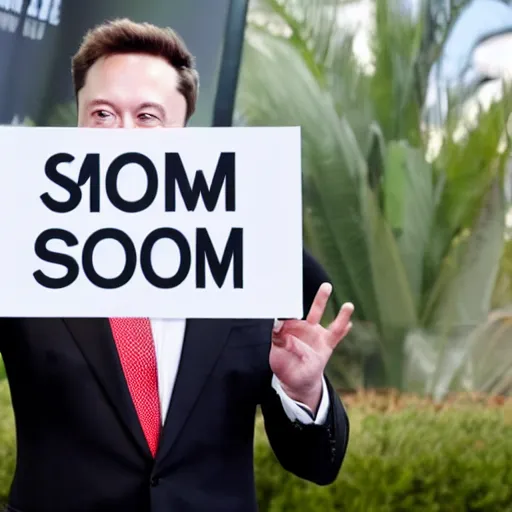 Prompt: a medium shot photograph of elon musk holding a sign with the word SOON SOON' on it, 4k, ultra HD