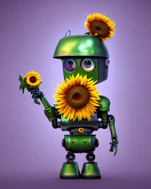 Prompt: An epic fantasy comic book style portrait painting of a cute little robot, rusty components, holding a sunflower in one hand, wearing a silly hat, very expressive, awesome pose, character design by Mark Ryden and Pixar and Hayao Miyazaki, unreal 5, DAZ, hyperrealistic, octane render, cosplay, RPG portrait, dynamic lighting, intricate detail, summer vibrancy, cinematic