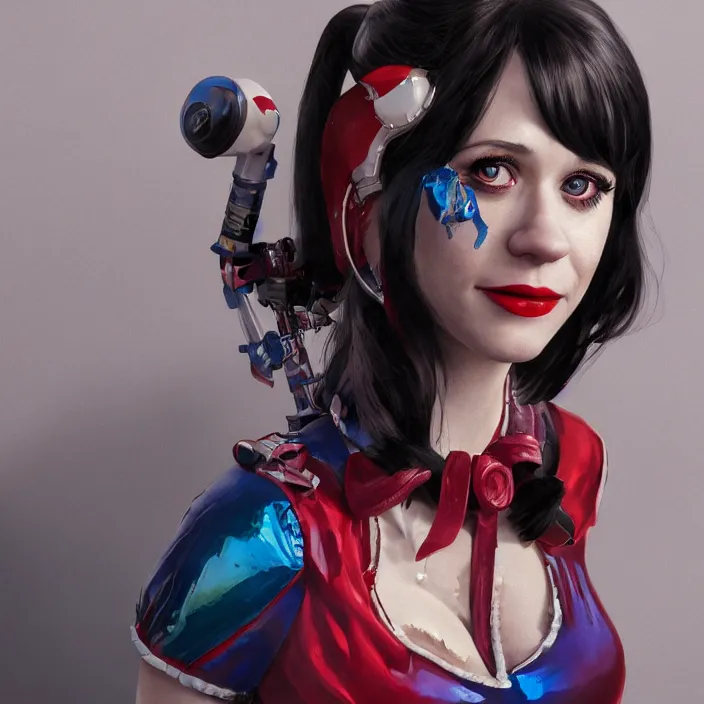 Prompt: portrait of Zooey Deschanel as a harley quinn. intricate abstract. intricate artwork. by Tooth Wu, wlop, beeple, dan mumford. octane render, trending on artstation, greg rutkowski very coherent symmetrical artwork. cinematic, hyper realism, high detail, octane render, 8k, iridescent accents