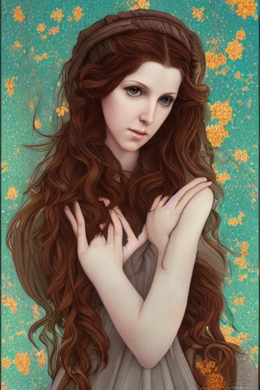 Prompt: goddess who looks like anna kendrick, inspired by pre-raphaelite paintings and shoujo manga, amazing detail, stunning lines, flat colors, 4K, digital illustration, character concept