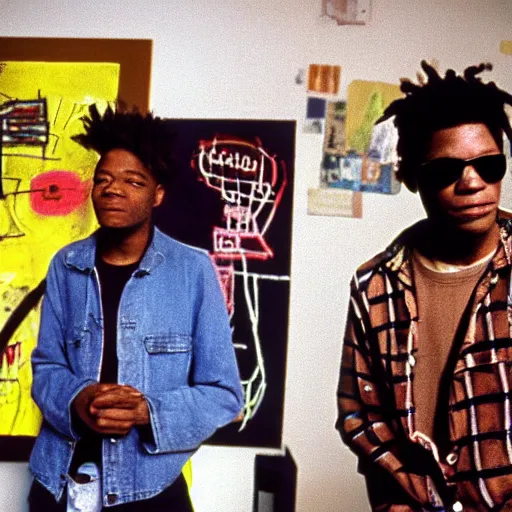 Image similar to of a photo of jean - michel basquiat and kurt cobain in basquiat ’ s studio, photorealistic,