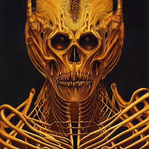 Prompt: portrait of a golden skeletal beast, by Gerald Brom